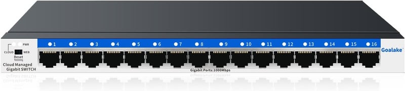 Goalake 16 Port Gigabit Switch, Easy Smart Managed Ethernet Switch, Network Hub, Ethernet Splitter, Plug & Play, Fanless Metal Design, VLAN, Qos, Desktop or Wall Mount - Image 1